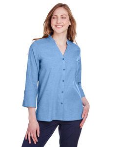 Devon & Jones DG562W - Chemisier à manches 3/4 en chambray extensible de Crown Collection pour femme Bleu Francais